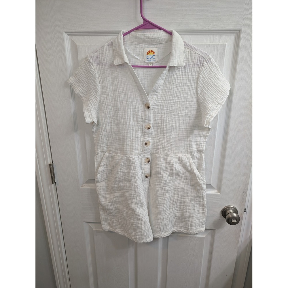 C&C California Romper Womens White Cotton Gauze Button Front Pockets - Size L